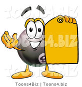 Illustration of a Cartoon Billiard 8 Ball Masco Holding a Yellow Sales Price Tag by Mascot Junction