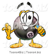 Illustration of a Cartoon Billiard 8 Ball Masco Looking Through a Magnifying Glass by Mascot Junction