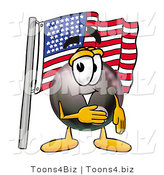 Illustration of a Cartoon Billiard 8 Ball Masco Pledging Allegiance to an American Flag by Mascot Junction
