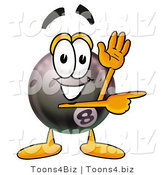 Illustration of a Cartoon Billiard 8 Ball Masco Waving and Pointing by Mascot Junction
