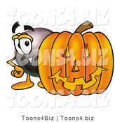 Illustration of a Cartoon Billiard 8 Ball Masco with a Carved Halloween Pumpkin by Mascot Junction