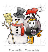 Illustration of a Cartoon Billiard 8 Ball Masco with a Snowman on Christmas by Mascot Junction