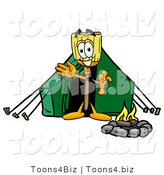 Illustration of a Cartoon Broom Mascot Camping with a Tent and Fire by Mascot Junction
