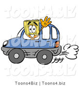 Illustration of a Cartoon Broom Mascot Driving a Blue Car and Waving by Mascot Junction