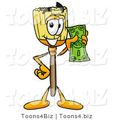 Illustration of a Cartoon Broom Mascot Holding a Dollar Bill by Mascot Junction