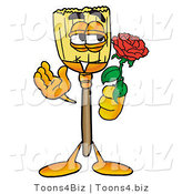 Illustration of a Cartoon Broom Mascot Holding a Red Rose on Valentines Day by Toons4Biz