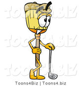 Illustration of a Cartoon Broom Mascot Leaning on a Golf Club While Golfing by Mascot Junction