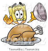 Illustration of a Cartoon Broom Mascot Serving a Thanksgiving Turkey on a Platter by Mascot Junction