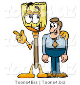 Illustration of a Cartoon Broom Mascot Talking to a Business Man by Mascot Junction
