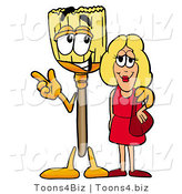 Illustration of a Cartoon Broom Mascot Talking to a Pretty Blond Woman by Mascot Junction