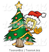 Illustration of a Cartoon Broom Mascot Waving and Standing by a Decorated Christmas Tree by Mascot Junction