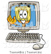 Illustration of a Cartoon Broom Mascot Waving from Inside a Computer Screen by Mascot Junction