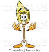 Illustration of a Cartoon Broom Mascot Wearing a Birthday Party Hat by Mascot Junction