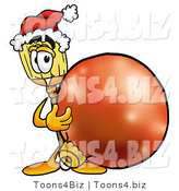 Illustration of a Cartoon Broom Mascot Wearing a Santa Hat, Standing with a Christmas Bauble by Toons4Biz