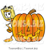 Illustration of a Cartoon Broom Mascot with a Carved Halloween Pumpkin by Toons4Biz