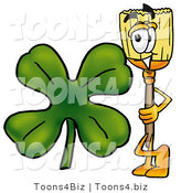 Illustration of a Cartoon Broom Mascot with a Green Four Leaf Clover on St Paddy's or St Patricks Day by Mascot Junction