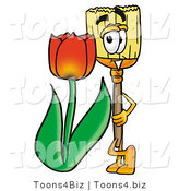 Illustration of a Cartoon Broom Mascot with a Red Tulip Flower in the Spring by Toons4Biz