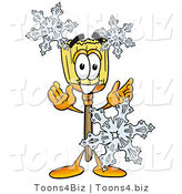 Illustration of a Cartoon Broom Mascot with Three Snowflakes in Winter by Toons4Biz