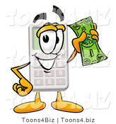 Illustration of a Cartoon Calculator Mascot Holding a Dollar Bill by Toons4Biz