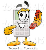 Illustration of a Cartoon Calculator Mascot Holding a Telephone by Mascot Junction