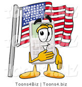Illustration of a Cartoon Calculator Mascot Pledging Allegiance to an American Flag by Mascot Junction