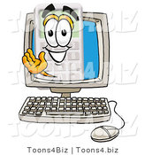 Illustration of a Cartoon Calculator Mascot Waving from Inside a Computer Screen by Toons4Biz
