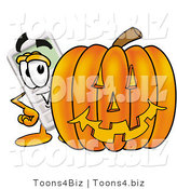 Illustration of a Cartoon Calculator Mascot with a Carved Halloween Pumpkin by Mascot Junction