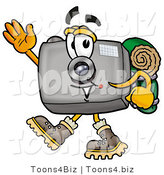Illustration of a Cartoon Camera Mascot Hiking and Carrying a Backpack by Mascot Junction