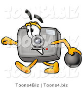 Illustration of a Cartoon Camera Mascot Holding a Bowling Ball by Mascot Junction