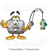 Illustration of a Cartoon Camera Mascot Holding a Fish on a Fishing Pole by Toons4Biz
