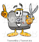 Illustration of a Cartoon Camera Mascot Holding a Pair of Scissors by Mascot Junction