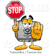 Illustration of a Cartoon Camera Mascot Holding a Stop Sign by Mascot Junction
