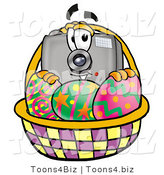 Illustration of a Cartoon Camera Mascot in an Easter Basket Full of Decorated Easter Eggs by Mascot Junction