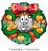 Illustration of a Cartoon Camera Mascot in the Center of a Christmas Wreath by Mascot Junction