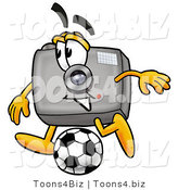 Illustration of a Cartoon Camera Mascot Kicking a Soccer Ball by Mascot Junction