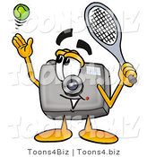 Illustration of a Cartoon Camera Mascot Preparing to Hit a Tennis Ball by Mascot Junction