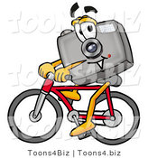 Illustration of a Cartoon Camera Mascot Riding a Bicycle by Mascot Junction