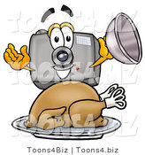 Illustration of a Cartoon Camera Mascot Serving a Thanksgiving Turkey on a Platter by Mascot Junction