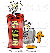 Illustration of a Cartoon Camera Mascot Standing with a Lit Stick of Dynamite by Mascot Junction