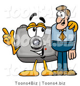 Illustration of a Cartoon Camera Mascot Talking to a Business Man by Mascot Junction