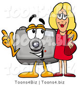 Illustration of a Cartoon Camera Mascot Talking to a Pretty Blond Woman by Mascot Junction