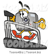 Illustration of a Cartoon Camera Mascot Walking on a Treadmill in a Fitness Gym by Toons4Biz