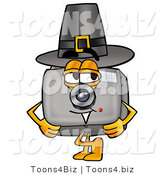 Illustration of a Cartoon Camera Mascot Wearing a Pilgrim Hat on Thanksgiving by Mascot Junction