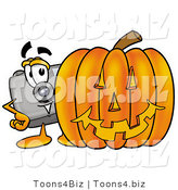 Illustration of a Cartoon Camera Mascot with a Carved Halloween Pumpkin by Mascot Junction