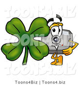 Illustration of a Cartoon Camera Mascot with a Green Four Leaf Clover on St Paddy's or St Patricks Day by Mascot Junction