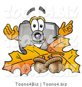 Illustration of a Cartoon Camera Mascot with Autumn Leaves and Acorns in the Fall by Mascot Junction