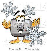 Illustration of a Cartoon Camera Mascot with Three Snowflakes in Winter by Mascot Junction