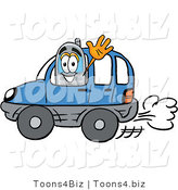 Illustration of a Cartoon Cellphone Mascot Driving a Blue Car and Waving by Toons4Biz