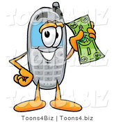 Illustration of a Cartoon Cellphone Mascot Holding a Dollar Bill by Toons4Biz