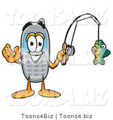 Illustration of a Cartoon Cellphone Mascot Holding a Fish on a Fishing Pole by Toons4Biz